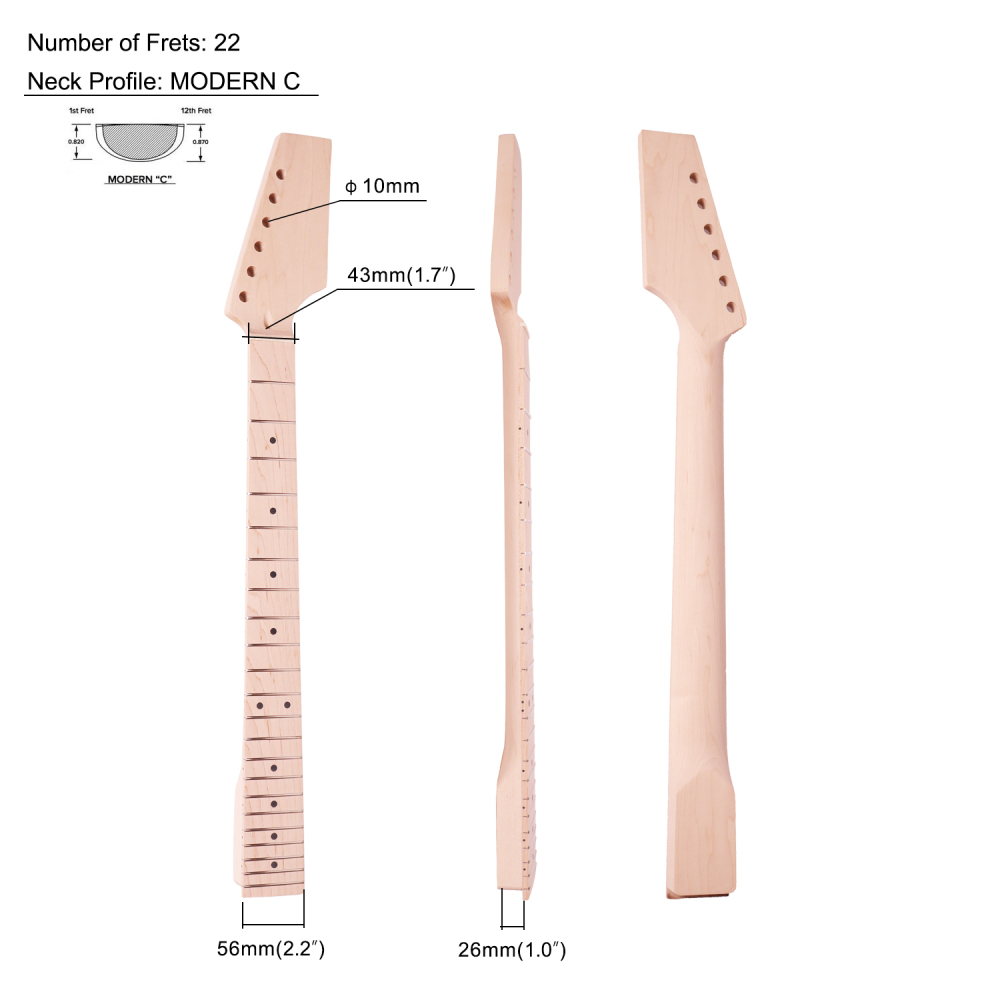 Pedal Headstock Guitar Neck Maple Neck 9.5 Radius 10 mm Holes 22 Frets Unfinished