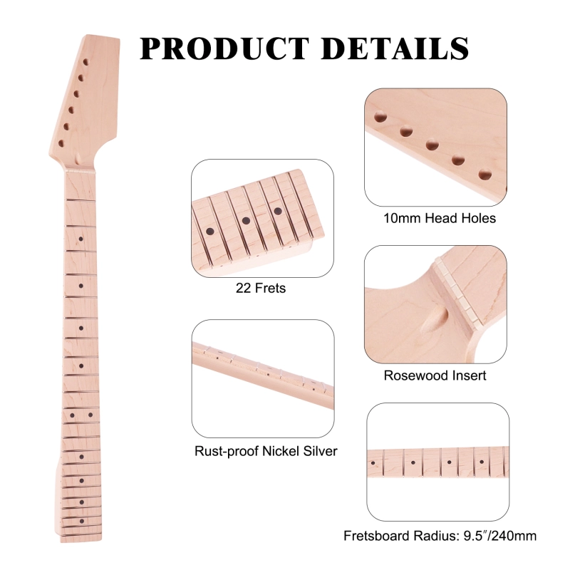 Pedal Headstock Guitar Neck Maple Neck 9.5 Radius 10 mm Holes 22 Frets Unfinished
