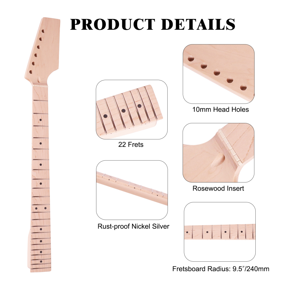 Pedal Headstock Guitar Neck Maple Neck 9.5 Radius 10 mm Holes 22 Frets Unfinished