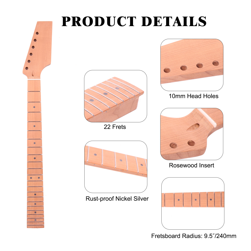 Pedal Headstock Guitar Neck Roasted Maple Neck 9.5" Radius 10 mm Holes 22 Frets Unfinished