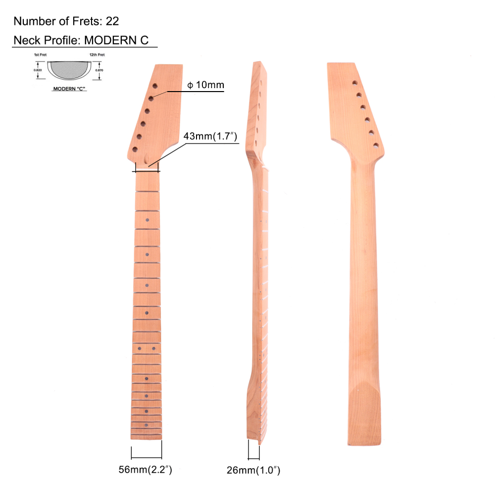 Pedal Headstock Guitar Neck Roasted Maple Neck 9.5" Radius 10 mm Holes 22 Frets Unfinished