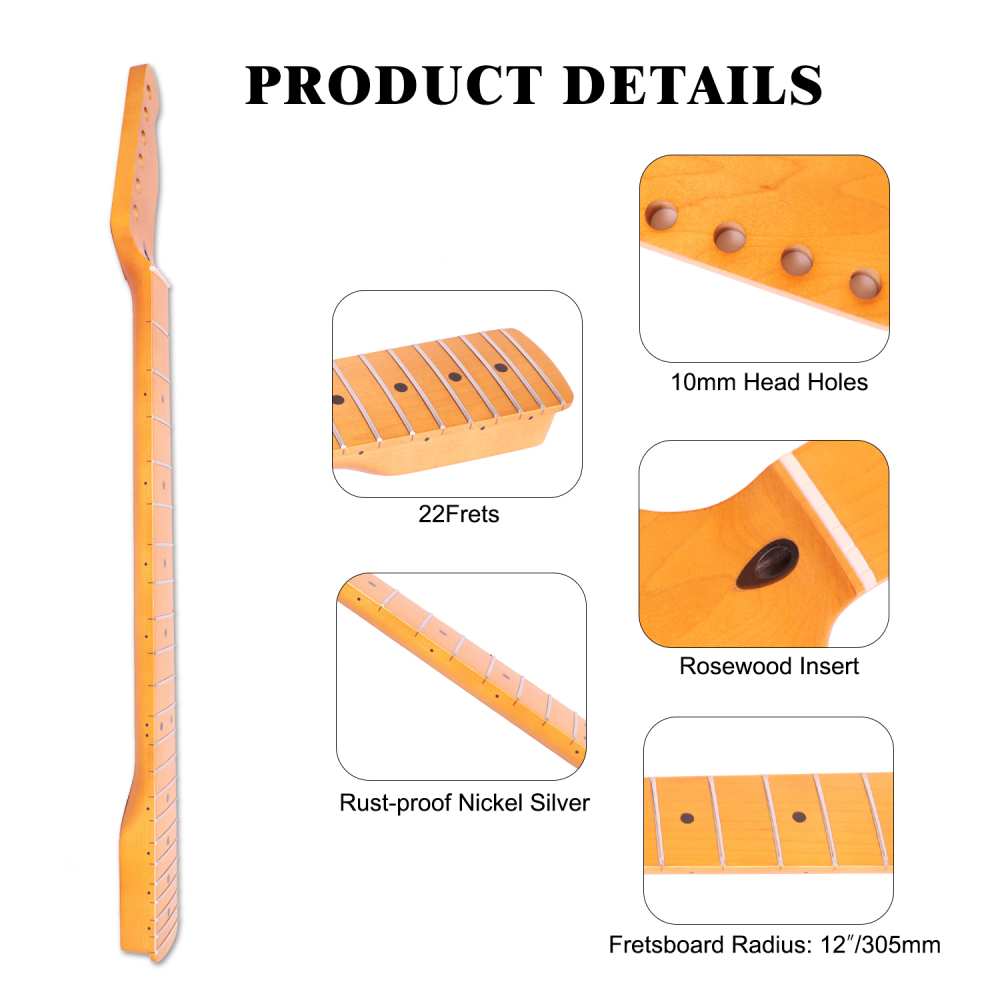 24.75" Scale Length Stratocaster Guitar Neck Maple Neck 12" Radius 10 mm Holes 22 Frets Satin Finish