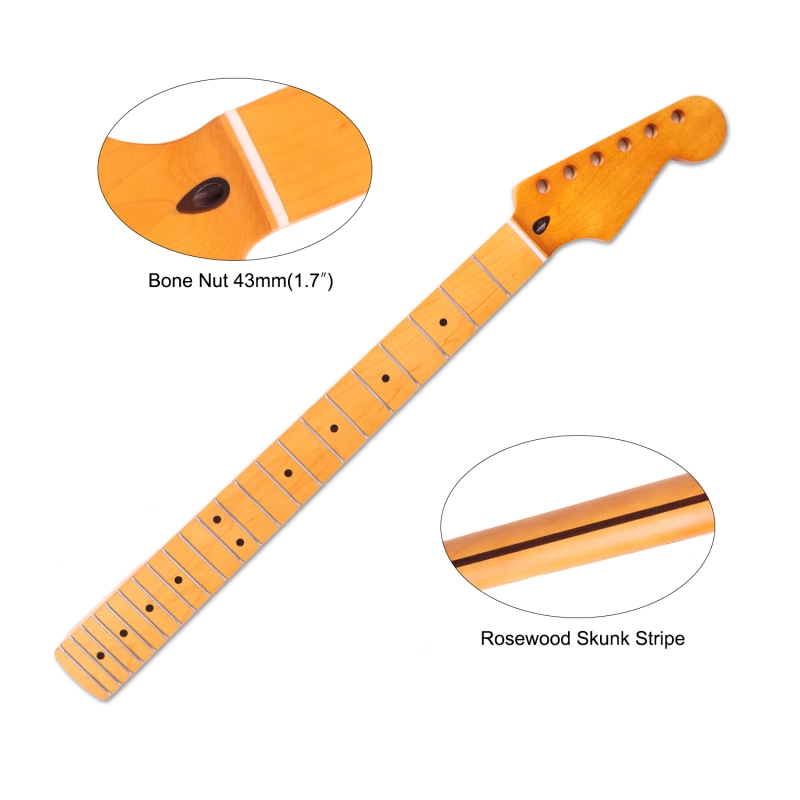 24.75" Scale Length Stratocaster Guitar Neck Maple Neck 12" Radius 10 mm Holes 22 Frets Satin Finish