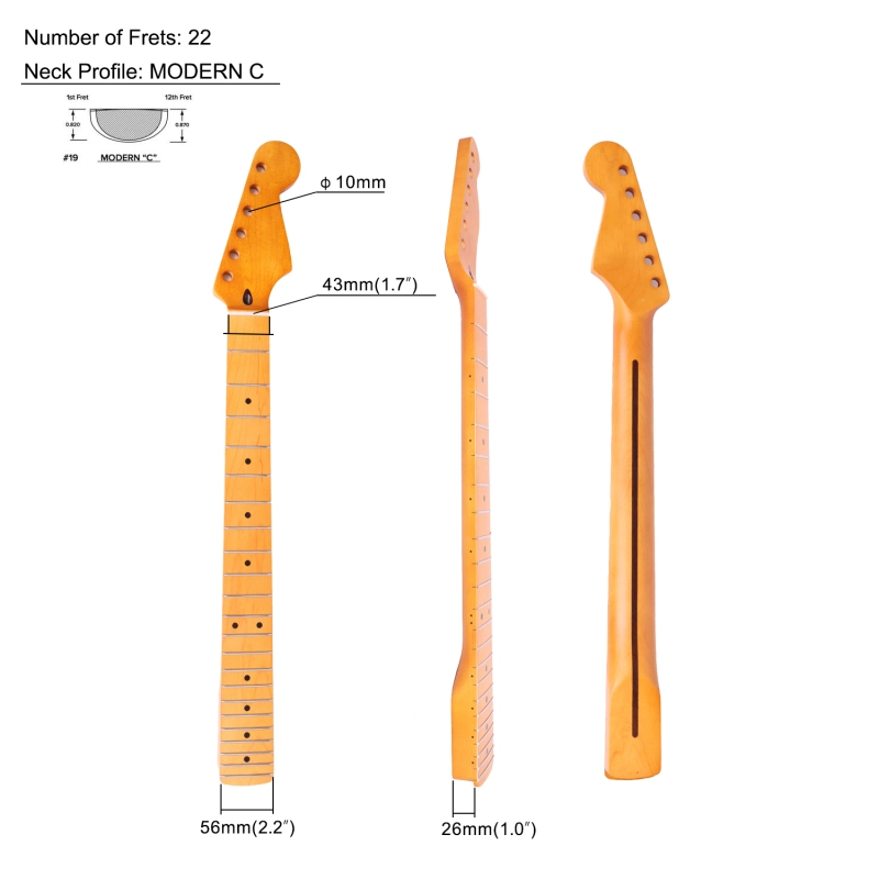 24.75" Scale Length Stratocaster Guitar Neck Maple Neck 12" Radius 10 mm Holes 22 Frets Satin Finish