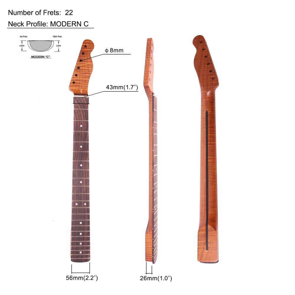 AAAAA Flame Maple Telecaster Guitar Neck Rosewood Fretboard Maple Neck 9.5 Radius 8 mm Holes 22 Frets Satin Finish