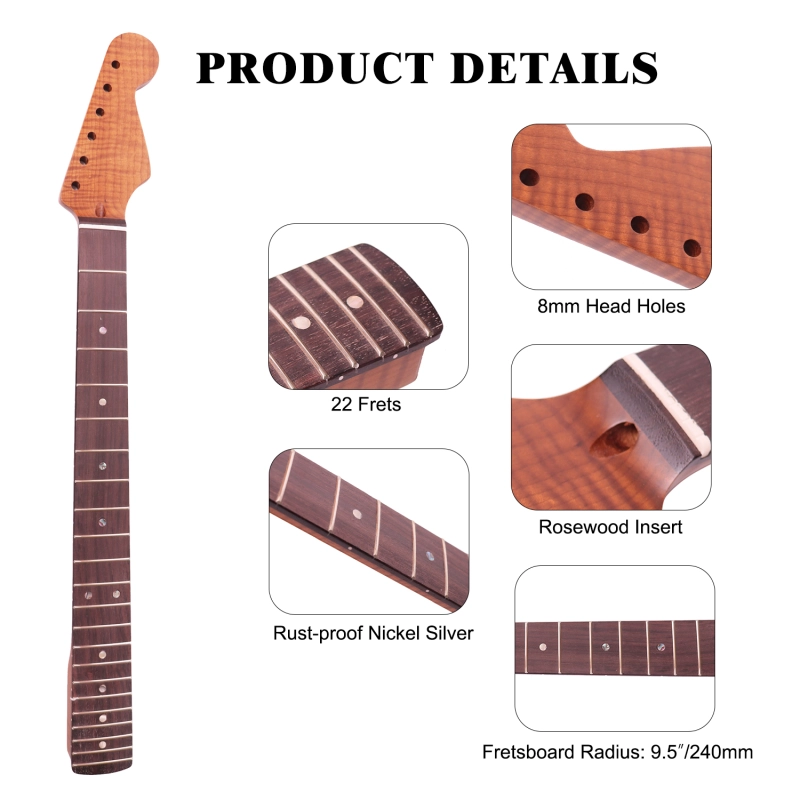 AAAAA Flame Maple  Stratocaster Guitar Neck Rosewood Fretboard Maple Neck 9.5 Radius 8 mm Holes 22 Frets Satin Finish