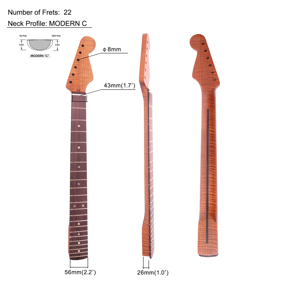 AAAAA Flame Maple  Stratocaster Guitar Neck Rosewood Fretboard Maple Neck 9.5 Radius 8 mm Holes 22 Frets Satin Finish
