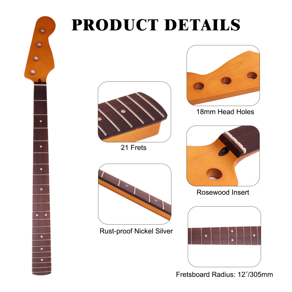 4 Strings Precision Bass Guitar Neck Rosewood Fretboard Maple Neck 12" Radius 18 mm Holes 20 Frets Satin Finish