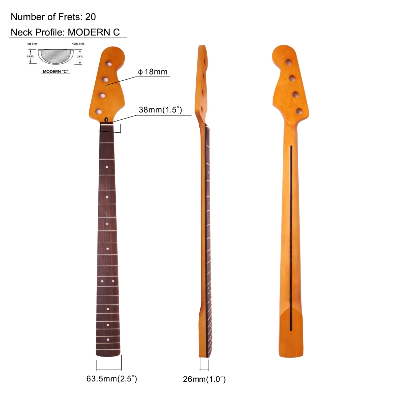 4 Strings Jazz Bass Guitar Neck Rosewood Fretboard Maple Neck 12" Radius 18 mm Holes 20 Frets Satin Finish