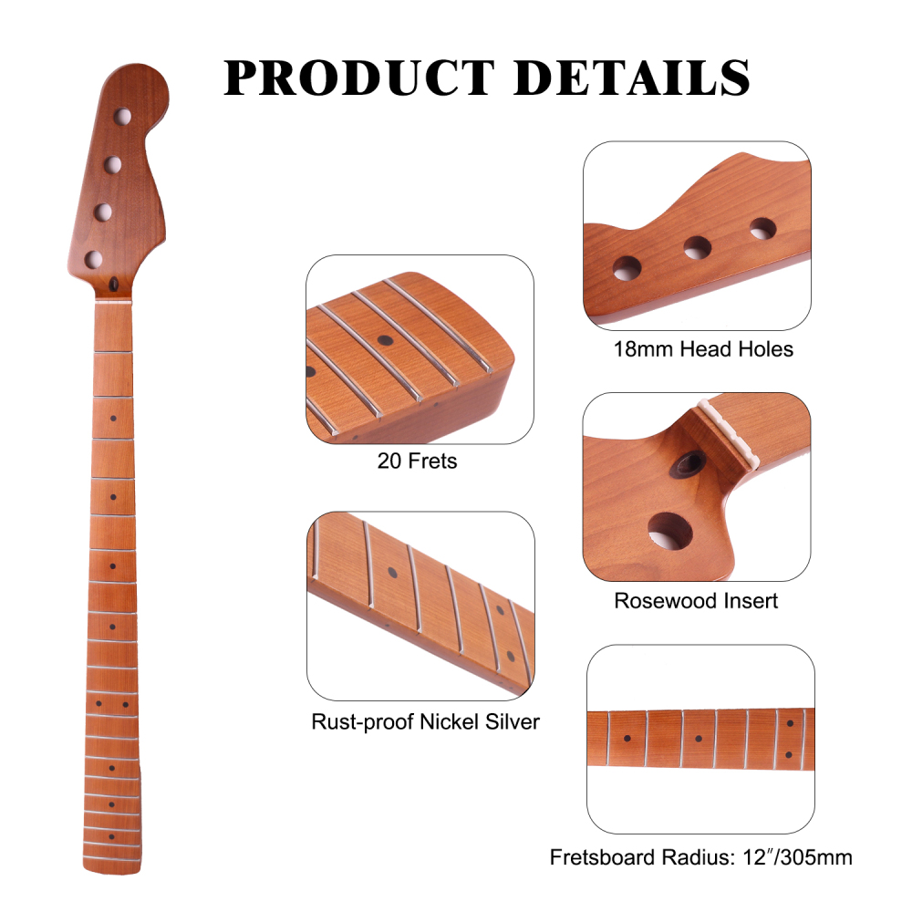 4 Strings Jazz Bass Guitar Neck Roasted Maple Neck 12" Radius 18 mm Holes 20 Frets Satin Finish