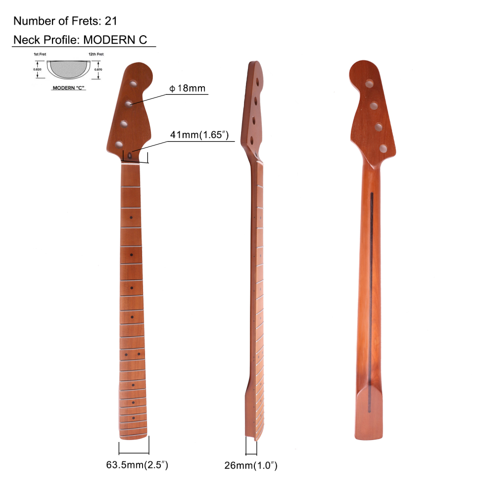 4 Strings Precision Bass Guitar Neck Roasted Maple Neck 12" Radius 18 mm Holes 21 Frets Satin Finish