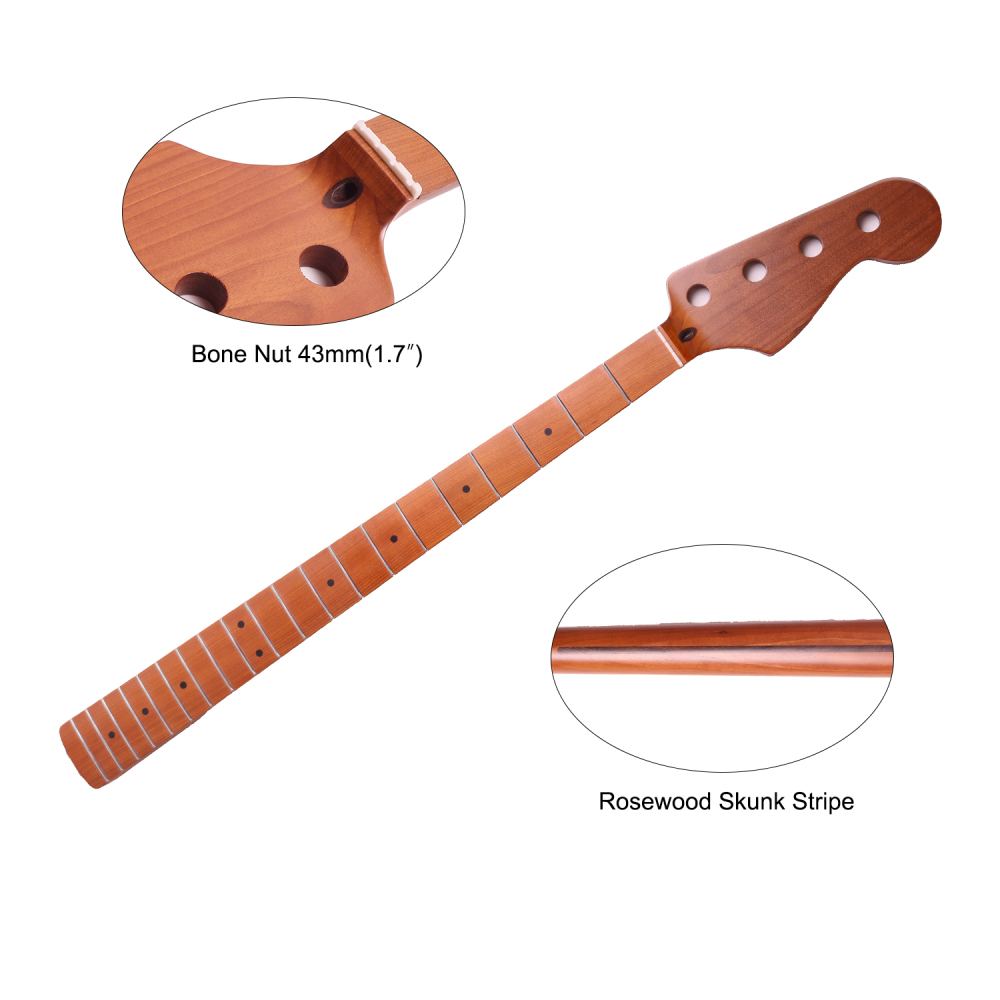 4 Strings Jazz Bass Guitar Neck Roasted Maple Neck 12" Radius 18 mm Holes 20 Frets Satin Finish