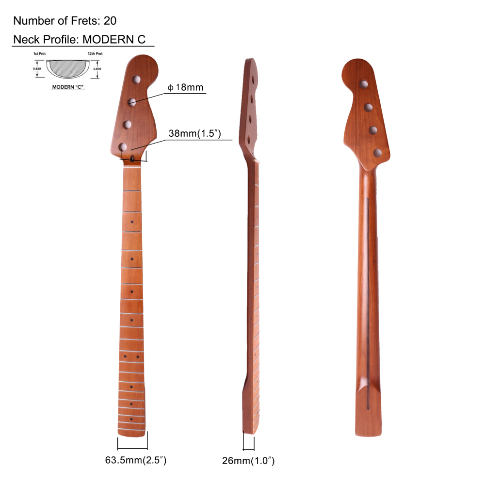 4 Strings Jazz Bass Guitar Neck Roasted Maple Neck 12" Radius 18 mm Holes 20 Frets Satin Finish