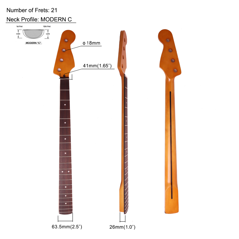 4 Strings Precision Bass Guitar Neck Rosewood Fretboard Maple Neck 12" Radius 18 mm Holes 20 Frets Satin Finish