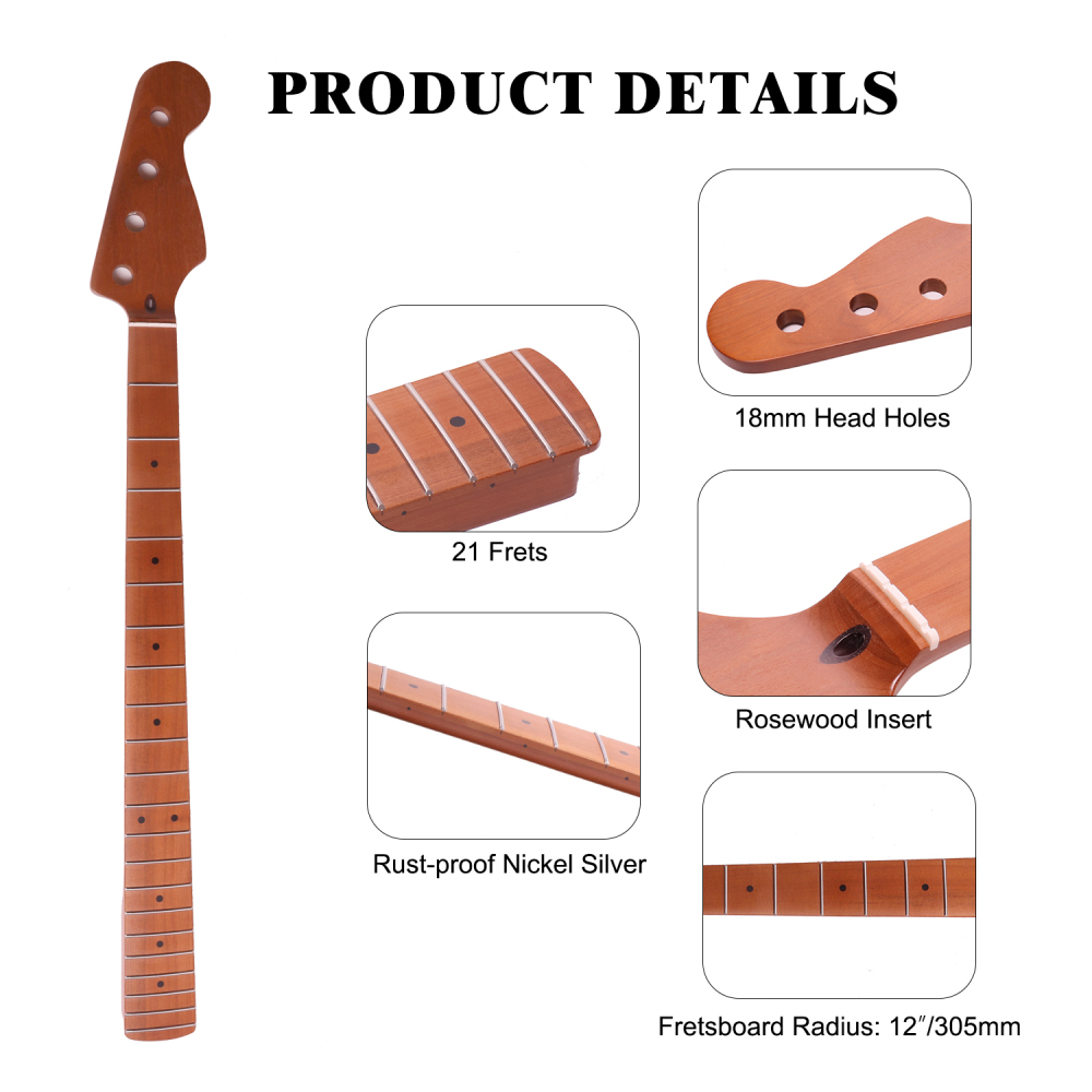 4 Strings Precision Bass Guitar Neck Roasted Maple Neck 12" Radius 18 mm Holes 21 Frets Satin Finish