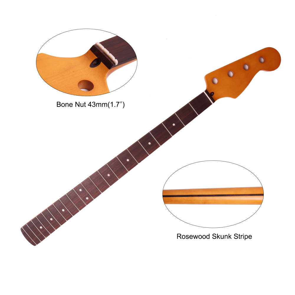 4 Strings Precision Bass Guitar Neck Rosewood Fretboard Maple Neck 12" Radius 18 mm Holes 20 Frets Satin Finish