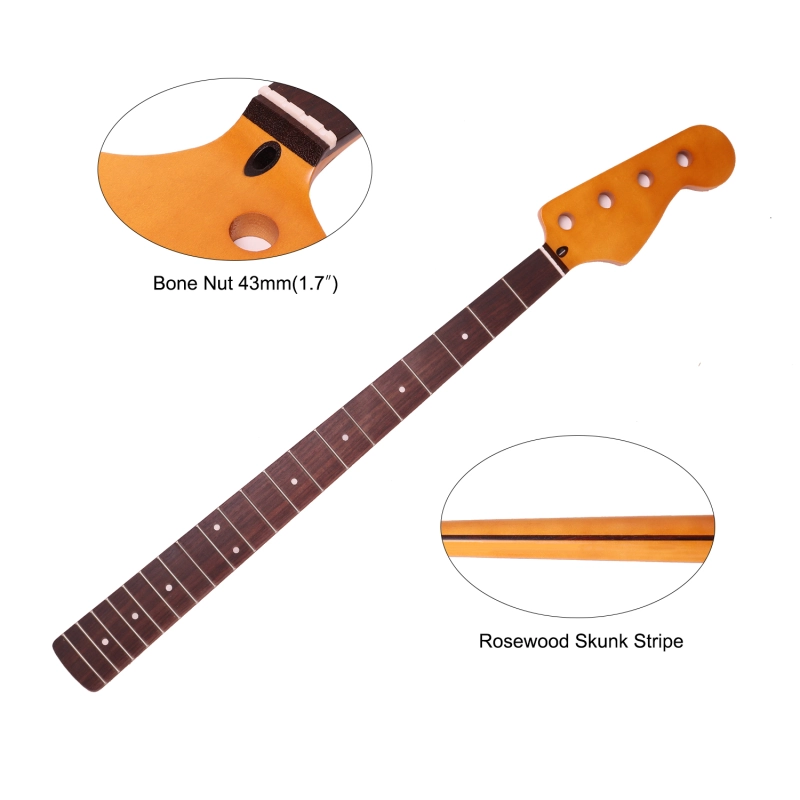 4 Strings Jazz Bass Guitar Neck Rosewood Fretboard Maple Neck 12" Radius 18 mm Holes 20 Frets Satin Finish