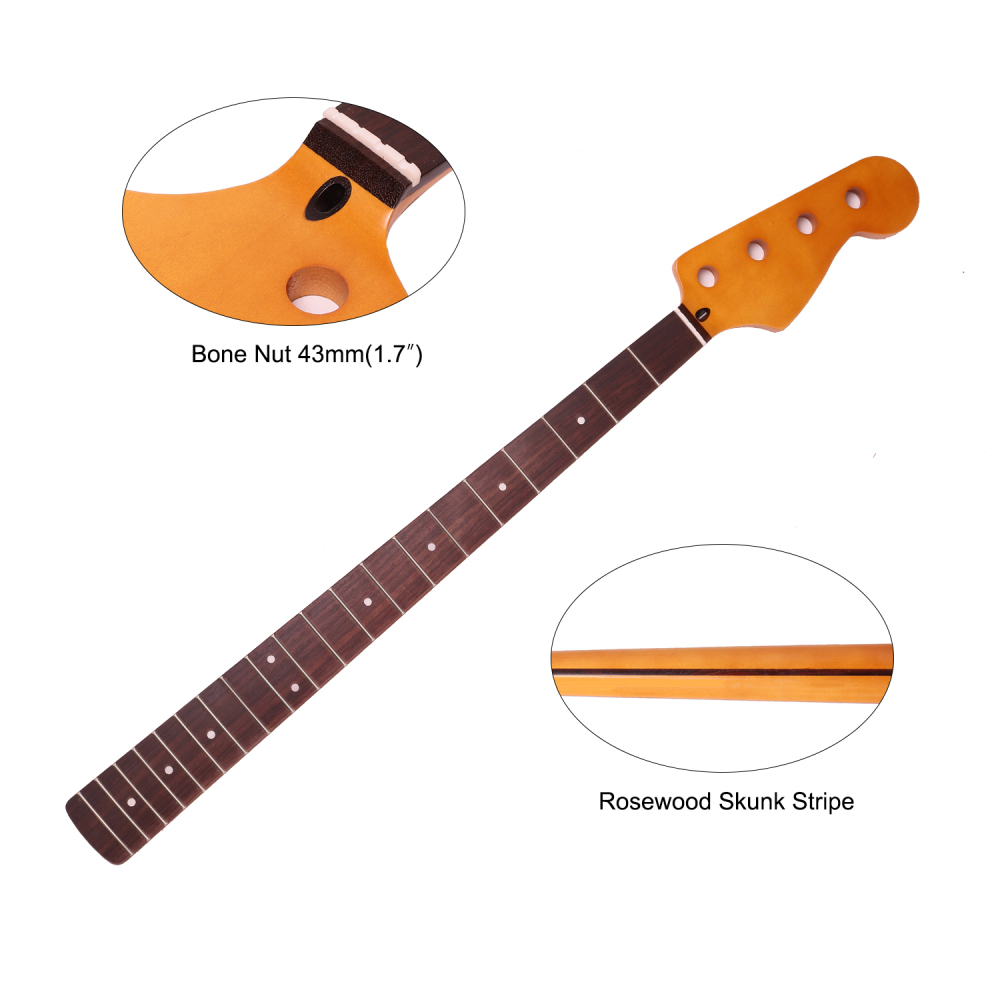 4 Strings Jazz Bass Guitar Neck Rosewood Fretboard Maple Neck 12" Radius 18 mm Holes 20 Frets Satin Finish