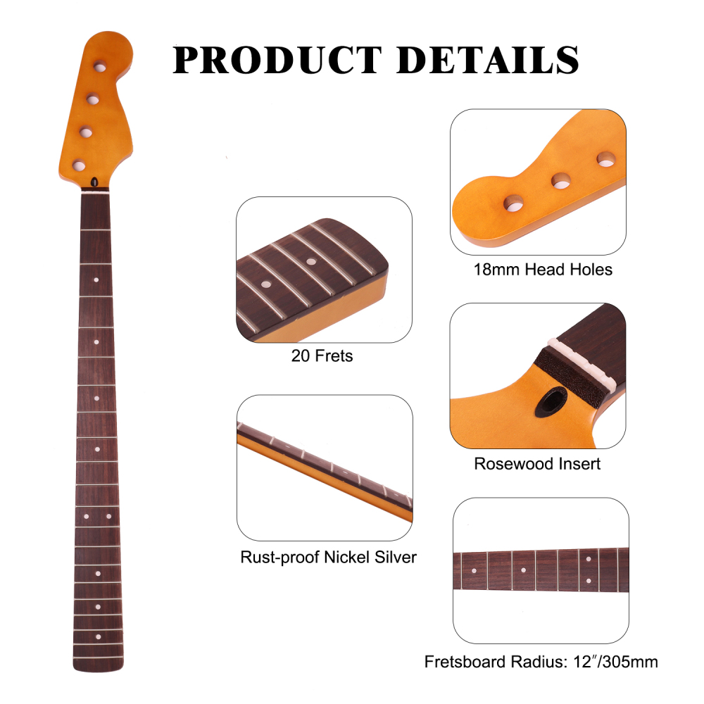 4 Strings Jazz Bass Guitar Neck Rosewood Fretboard Maple Neck 12" Radius 18 mm Holes 20 Frets Satin Finish
