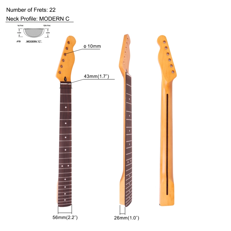 24.75" Scale Length Telecaster Guitar Neck Rosewood Fretboard Maple Neck 12" Radius 10 mm Holes 22 Frets Satin Finish