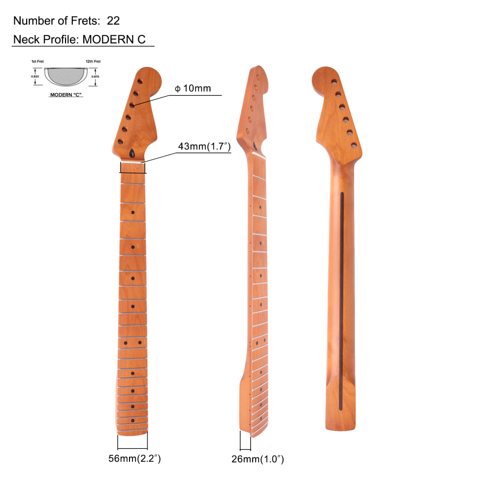 24.75" Scale Length Stratocaster Guitar Neck Rosewood Fretboard Maple Neck 12" Radius 10 mm Holes 22 Frets Satin Finish