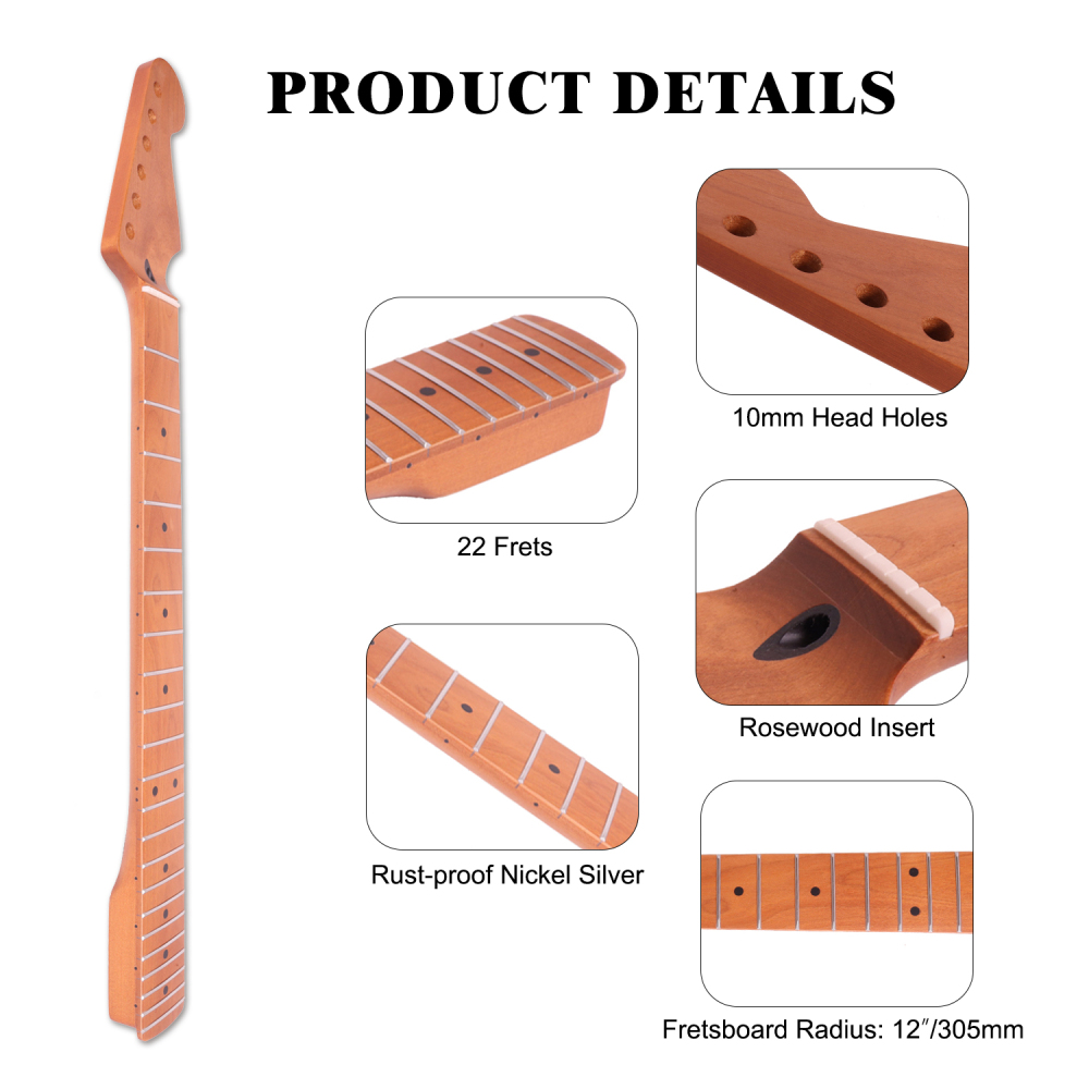 24.75" Scale Length Stratocaster Guitar Neck Rosewood Fretboard Maple Neck 12" Radius 10 mm Holes 22 Frets Satin Finish