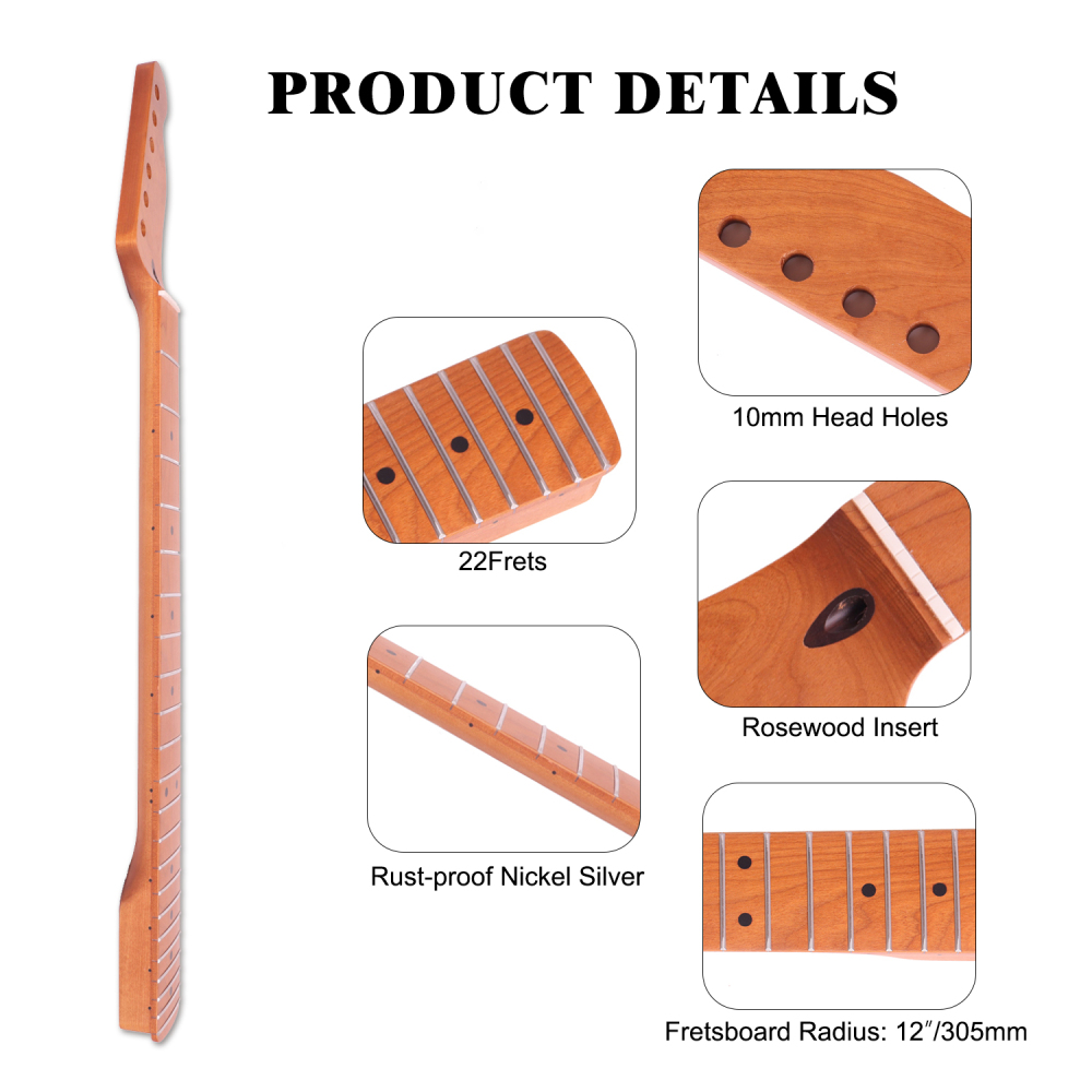 24.75" Scale Length Telecaster Guitar Neck Roasted Maple Neck 12" Radius 10 mm Holes 22 Frets Satin Finish