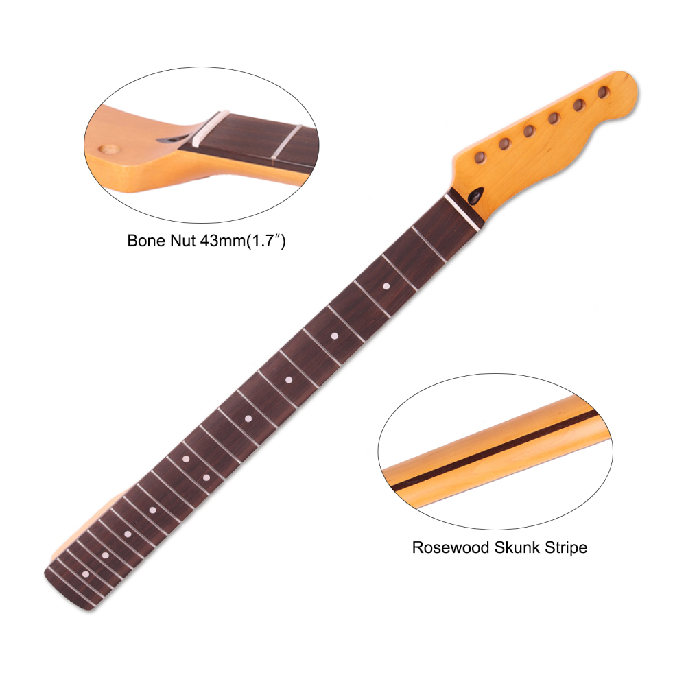 24.75" Scale Length Telecaster Guitar Neck Rosewood Fretboard Maple Neck 12" Radius 10 mm Holes 22 Frets Satin Finish