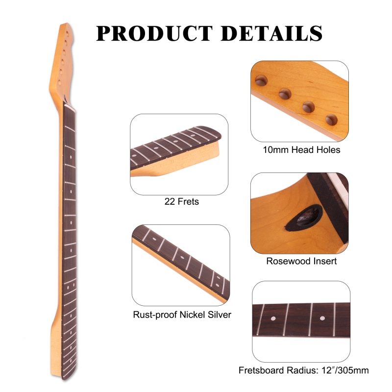 24.75" Scale Length Telecaster Guitar Neck Rosewood Fretboard Maple Neck 12" Radius 10 mm Holes 22 Frets Satin Finish