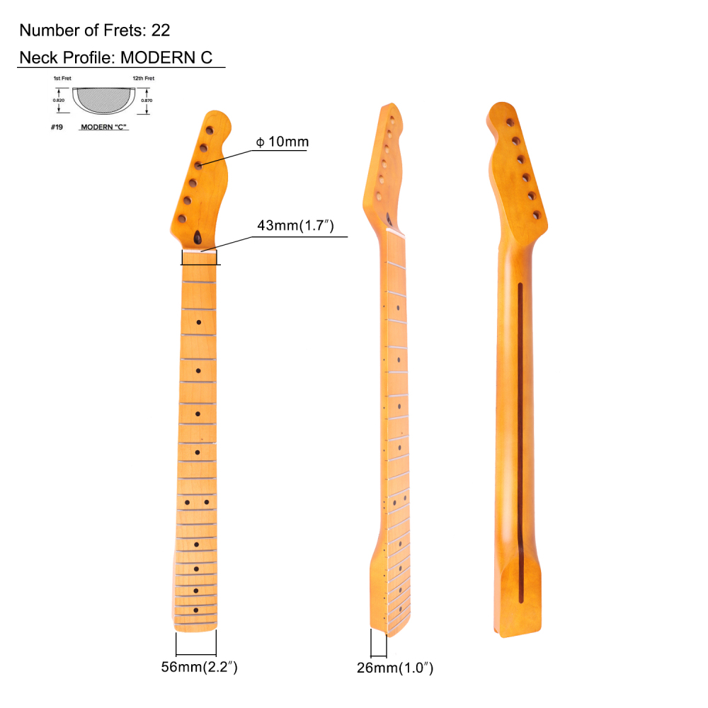 24.75" Scale Length Telecaster Guitar Neck Maple Neck 12" Radius 10 mm Holes 22 Frets Satin Finish