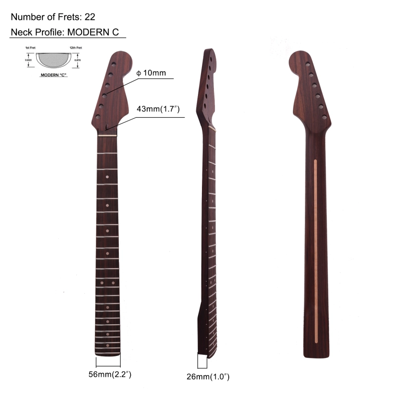 Premium Stratocaster Quarter Sawn Rosewood Guitar Neck Rosewood Fretboard 9.5" Radius 10 mm Holes 22 Frets Satin Finish Master Build