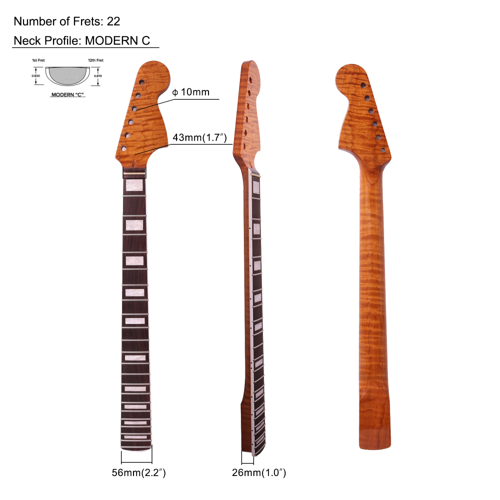 Stratocaster Guitar Neck Rosewood Fretboard Maple Neck 12" Radius 10 mm Holes 22 Frets Gloss Finish Acrylic Block Inlay
