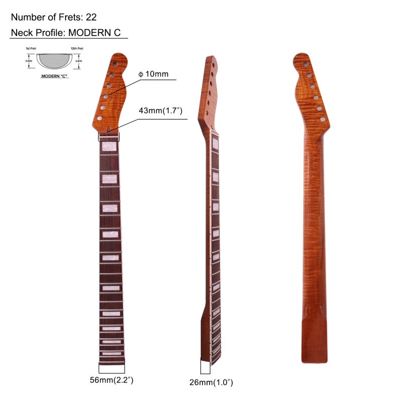 Telecaster  Guitar Neck Rosewood Fretboard Maple Neck 12" Radius 10 mm Holes 22 Frets Gloss Finish Acrylic Block Inlay