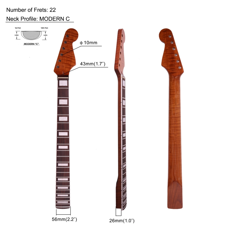 Stratocaster Guitar Neck Rosewood Fretboard Maple Neck 12" Radius 10 mm Holes 22 Frets Gloss Finish Acrylic Block Inlay