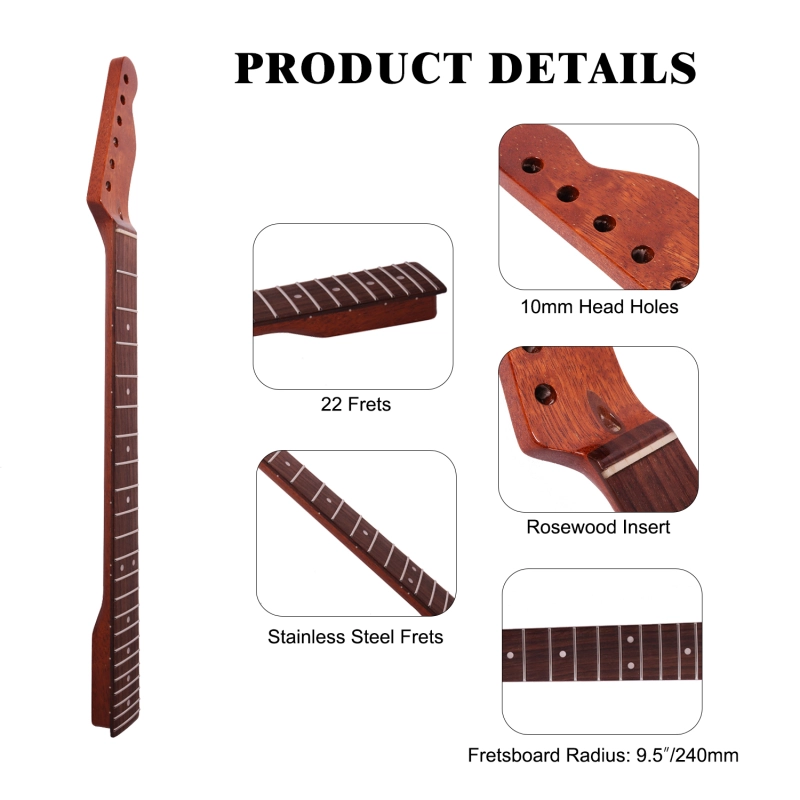 Telecaster  Guitar Neck Rosewood Fretboard Maple Neck 12" Radius 10 mm Holes 22 Frets Gloss Finish Acrylic Block Inlay