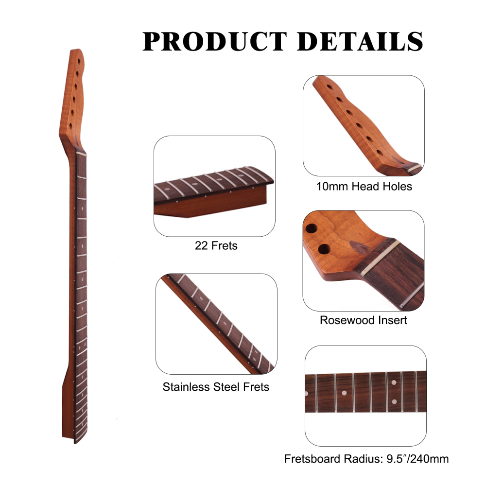 Premium Telecaster Guitar Neck AAAAA Roasted Canadian Flame Maple Fretboard 9.5" Radius 10 mm Holes 22 Frets Satin Finish Master Build