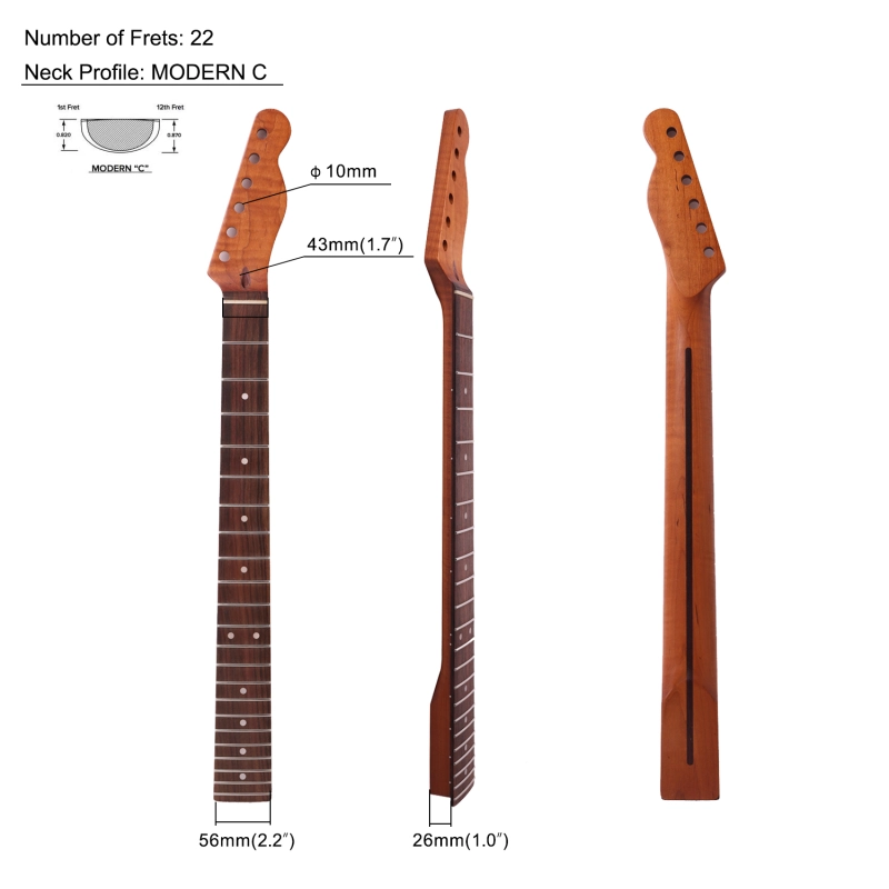 Premium Telecaster Guitar Neck AAAAA Roasted Canadian Flame Maple Fretboard 9.5" Radius 10 mm Holes 22 Frets Satin Finish Master Build