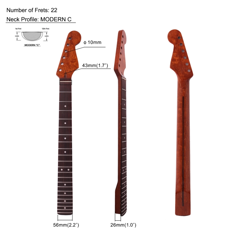 Stratocaster Guitar Neck Rosewood Fretboard Congolese Mahogany Neck 9.5" Radius 10 mm Holes 22 Frets Gloss Finish