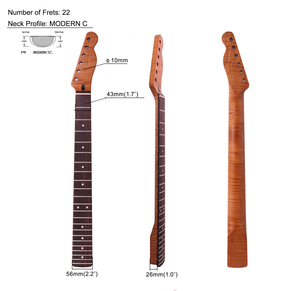 AAAAA Flame Maple Telecaster Guitar Neck Rosewood Fretboard Maple Neck 12 Radius 10 mm Holes 22 Frets Satin Finish