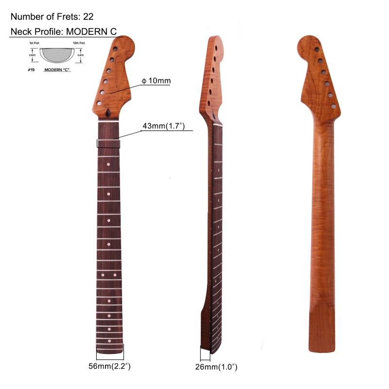 AAAAA Flame Maple  Stratocaster Guitar Neck Rosewood Fretboard Maple Neck 12 Radius10 mm Holes 22 Frets Satin Finish