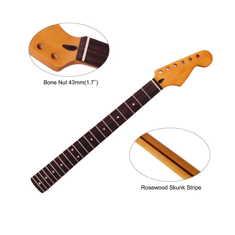 【Conversion】24.75" Scale Length Stratocaster Guitar Neck Rosewood Fretboard Maple Neck 12" Radius 10 mm Holes 21 Frets Satin Finish