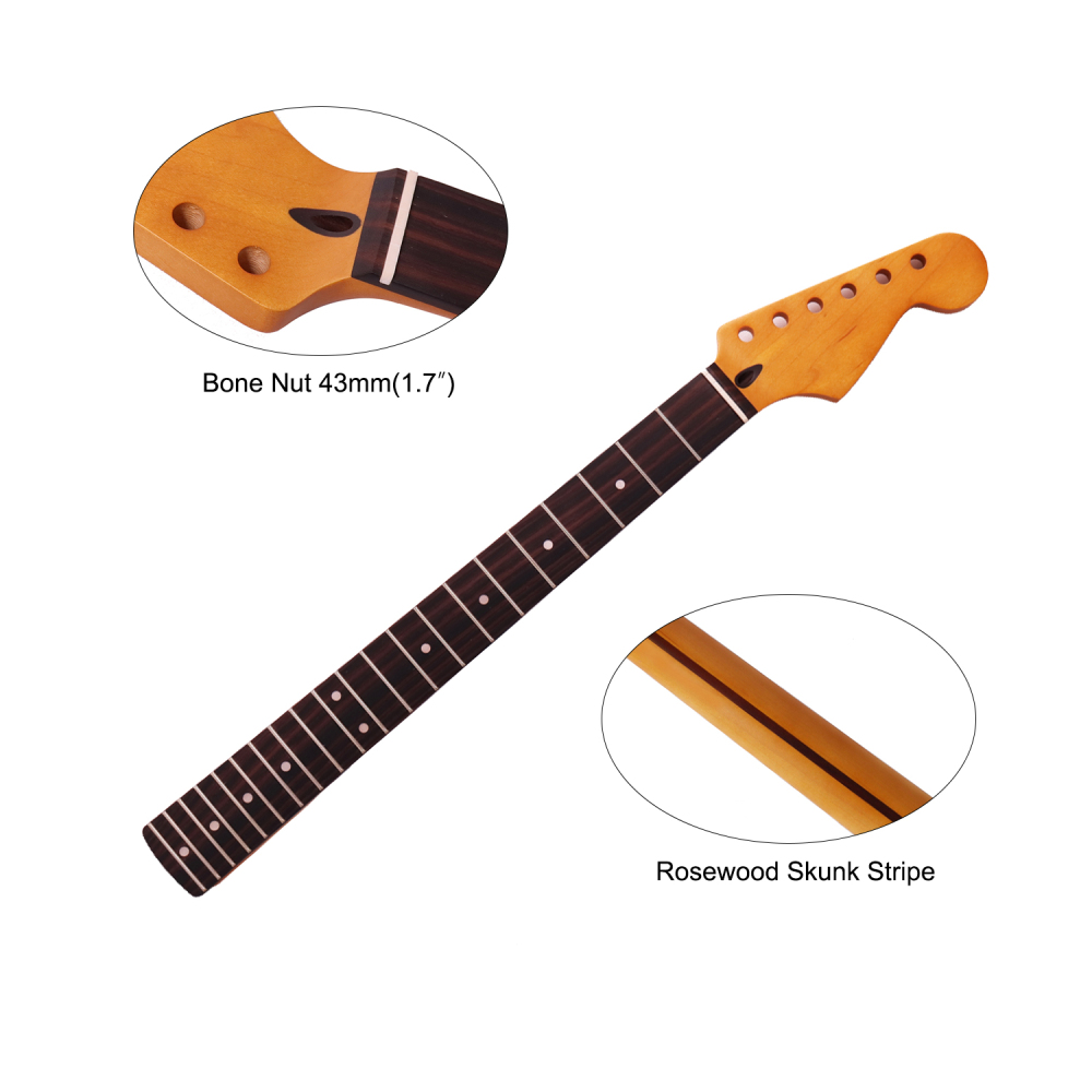 【Conversion】24.75" Scale Length Stratocaster Guitar Neck Rosewood Fretboard Maple Neck 12" Radius 10 mm Holes 21 Frets Satin Finish