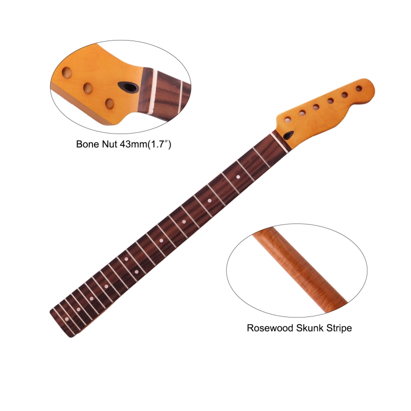 【Conversion】24.75" Scale Length Telecaster Guitar Neck Rosewood Fretboard Maple Neck 12" Radius 10 mm Holes 21 Frets Satin Finish
