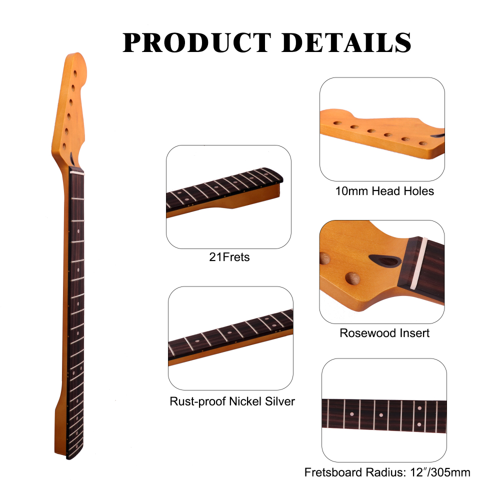 【Conversion】24.75" Scale Length Stratocaster Guitar Neck Rosewood Fretboard Maple Neck 12" Radius 10 mm Holes 21 Frets Satin Finish