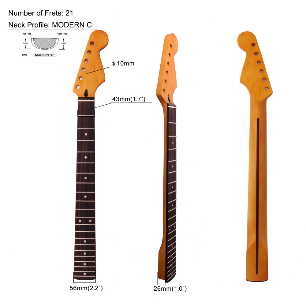 【Conversion】24.75" Scale Length Stratocaster Guitar Neck Rosewood Fretboard Maple Neck 12" Radius 10 mm Holes 21 Frets Satin Finish