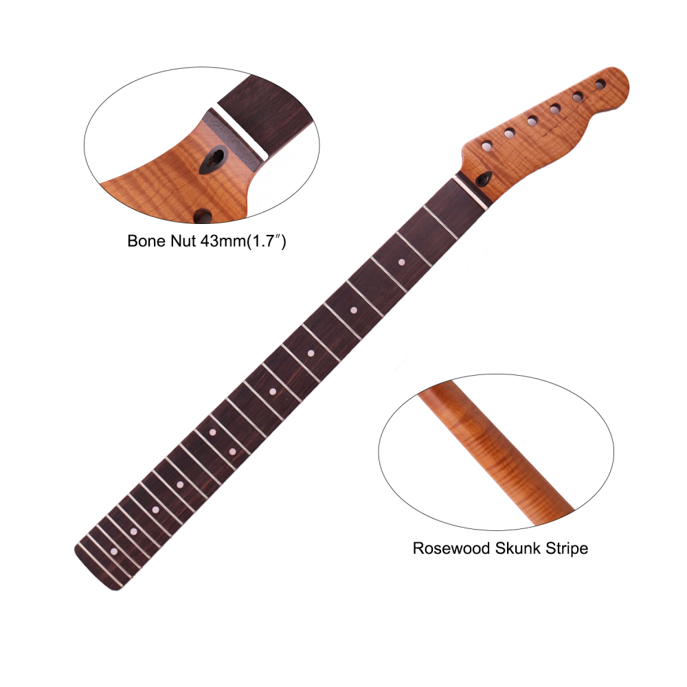 AAAAA Flame Maple Telecaster Guitar Neck Rosewood Fretboard Maple Neck 12 Radius 10 mm Holes 22 Frets Satin Finish