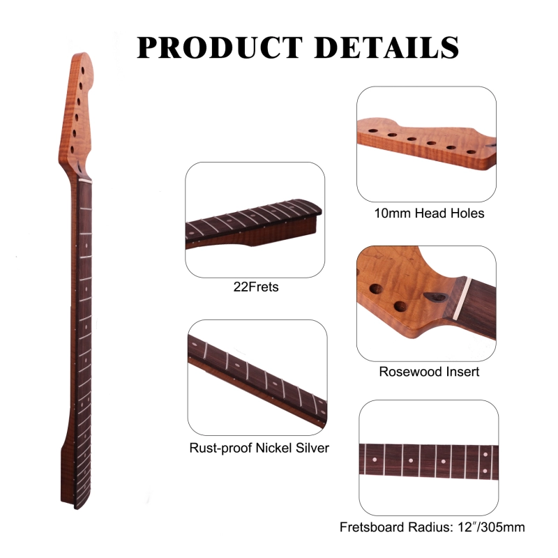 AAAAA Flame Maple  Stratocaster Guitar Neck Rosewood Fretboard Maple Neck 12 Radius10 mm Holes 22 Frets Satin Finish
