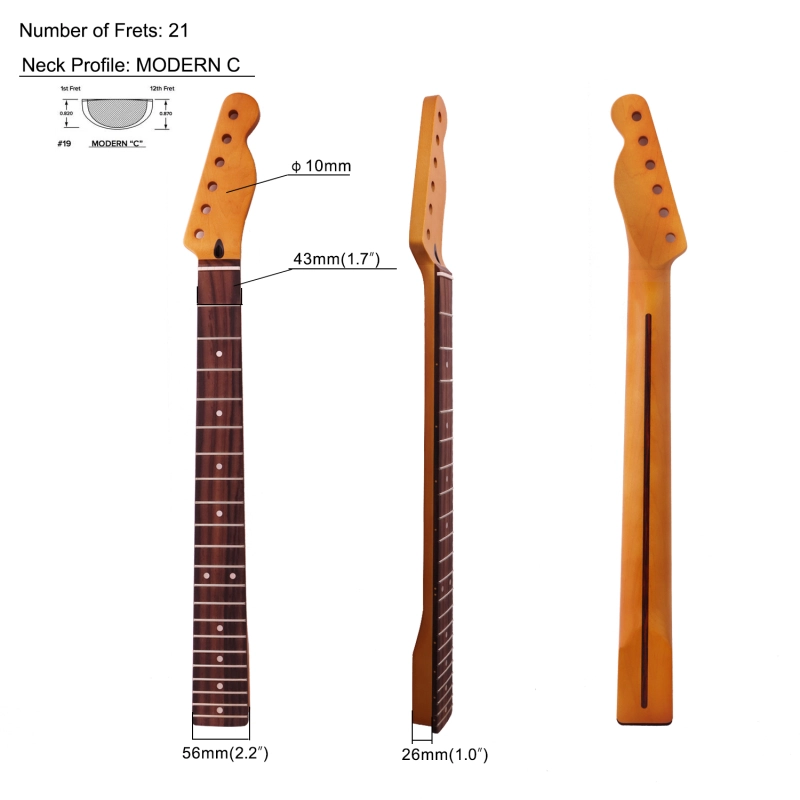 【Conversion】24.75" Scale Length Telecaster Guitar Neck Rosewood Fretboard Maple Neck 12" Radius 10 mm Holes 21 Frets Satin Finish