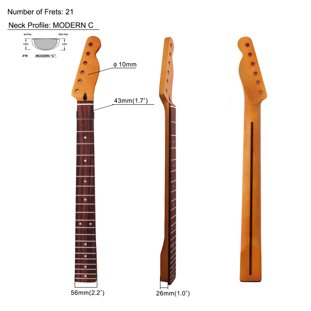 【Conversion】24.75" Scale Length Telecaster Guitar Neck Rosewood Fretboard Maple Neck 12" Radius 10 mm Holes 21 Frets Satin Finish