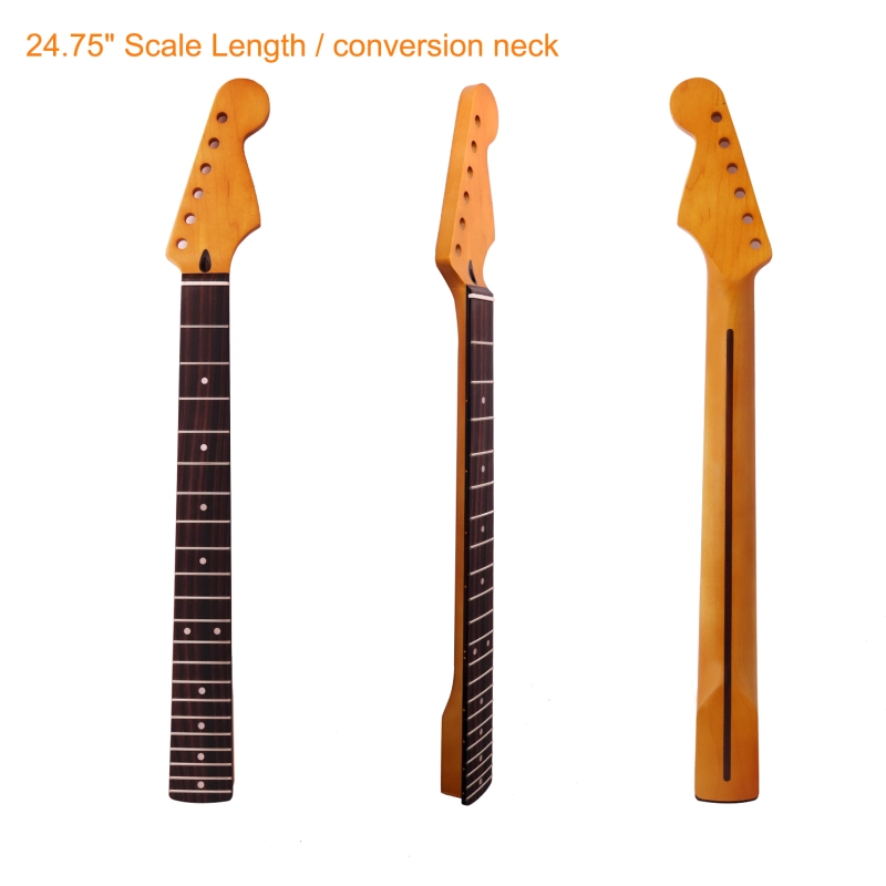 【Conversion】24.75" Scale Length Stratocaster Guitar Neck Rosewood Fretboard Maple Neck 12" Radius 10 mm Holes 21 Frets Satin Finish